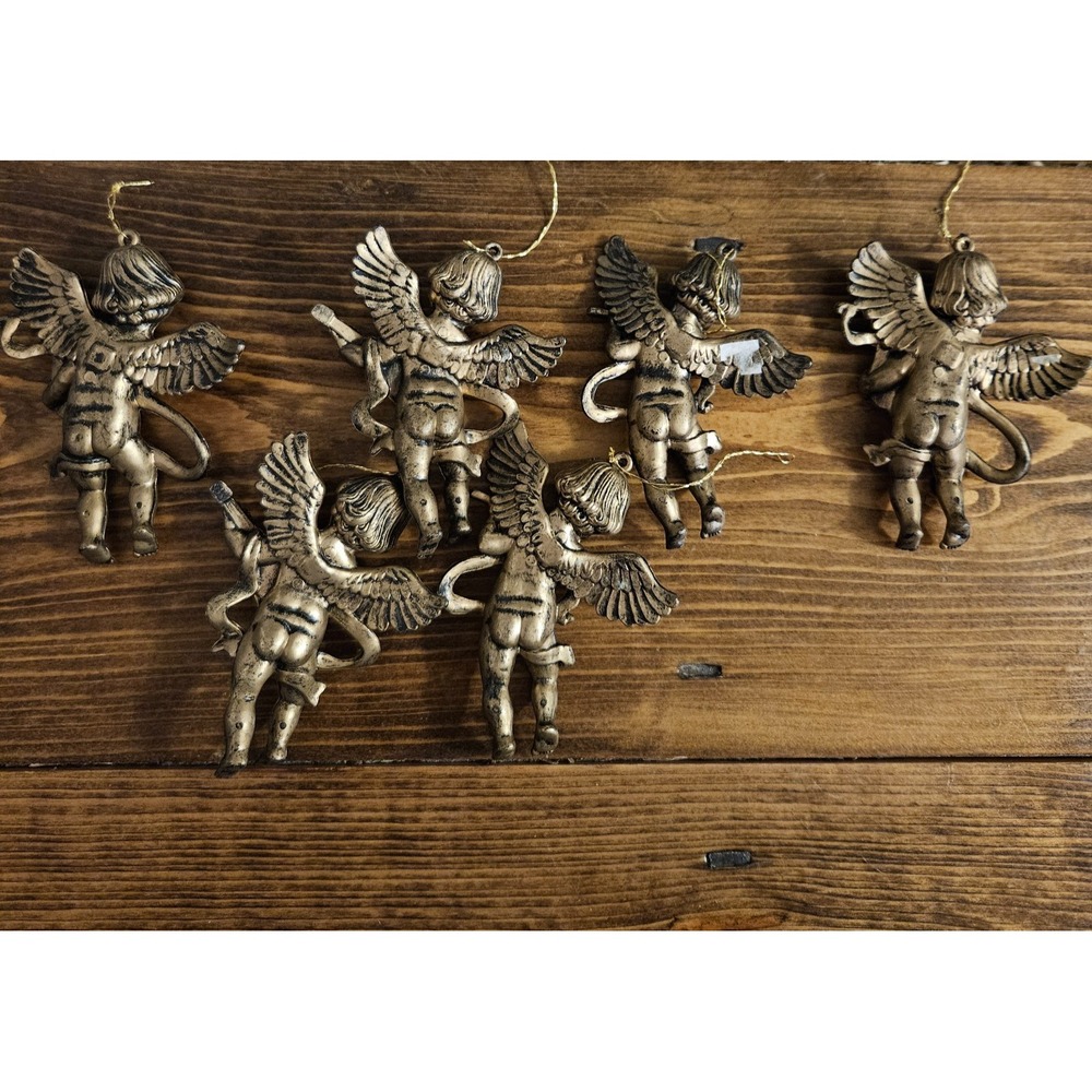 Vintage Cherub Angel Ornaments Set of 6 Gold Tone Musical Angels Christmas - Picture 7 of 7